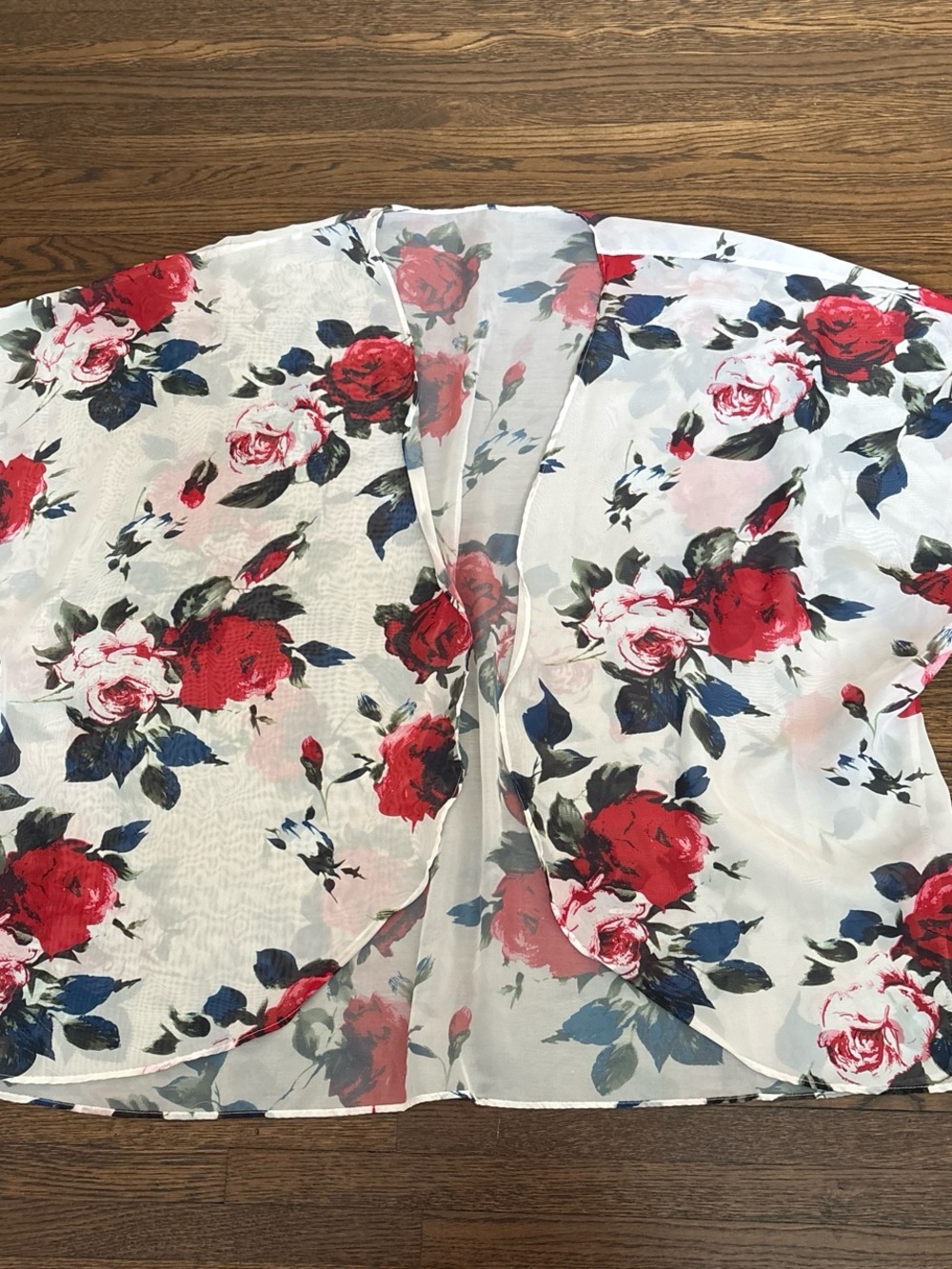Sheer White Floral Kimono Cover-Up with Red Roses
